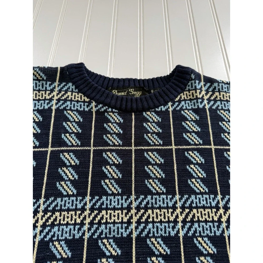 Vintage 80s 90s Grandpa Sweater‎ Mens M David Gregg Blue Geometric Pullover
